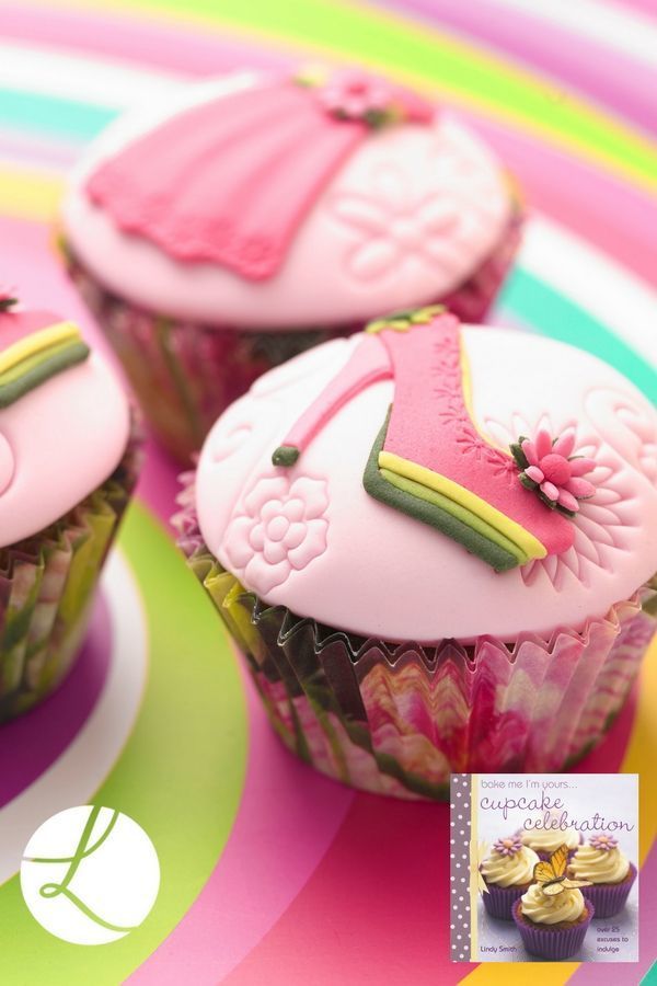 Party dress sugarcraft cutter used with Lindy's shoe cutter to decorate a batch of cupcakes that appear in Lindy's 'bake me I'm yours...cupcake celebration' book