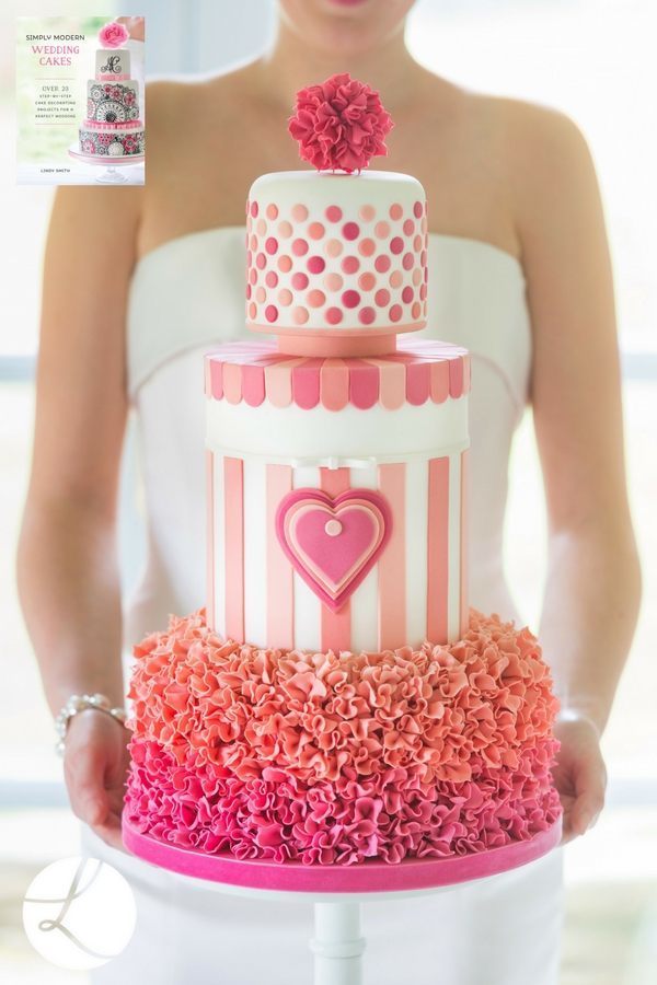 Sweatheart stripes wedding cake from Lindy's Simply Modern Wedding Cake book uses the Moghal Arch cutter to make sugar ruffles