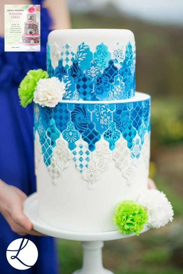 The original blue and white version of Lindy's Moroccan tile cake from her 'Simply modern wedding cakes' book