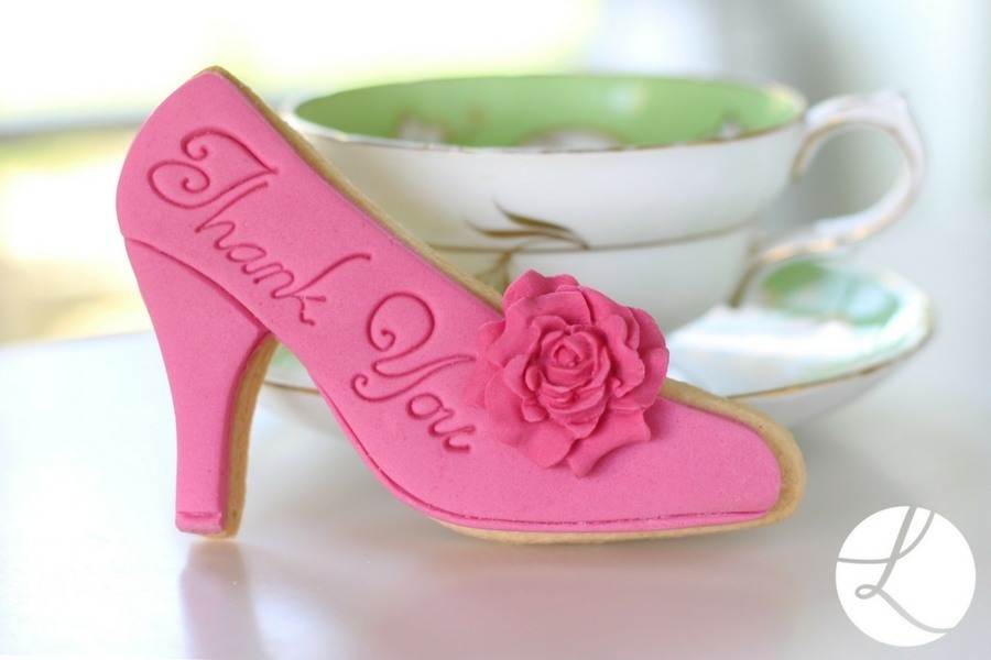 'Thank you' high heel shoe baked and decorated using Lindy's high heel shoe cookie cutter