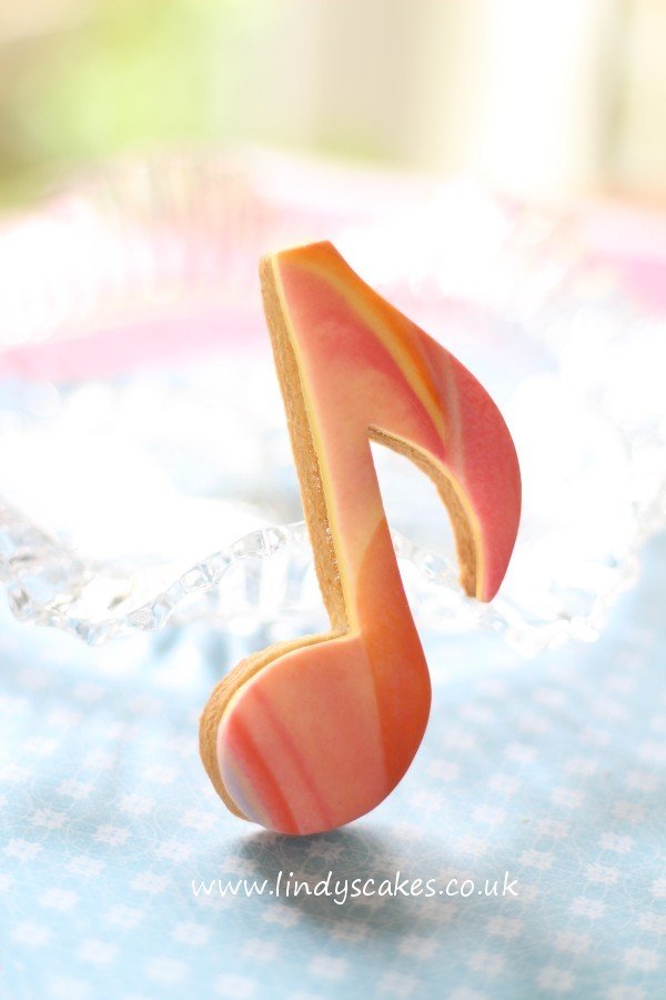 marbled musical note cookie created using Lindy's musical note cookie cutter