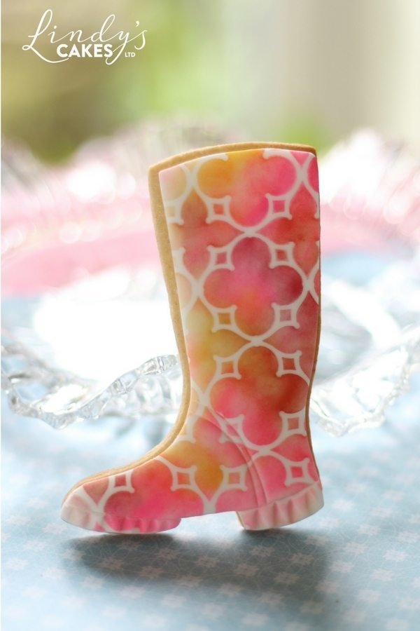 Parisian Lattice Allover Cake Stencil (CM011) used to decorate a welly boot cookie