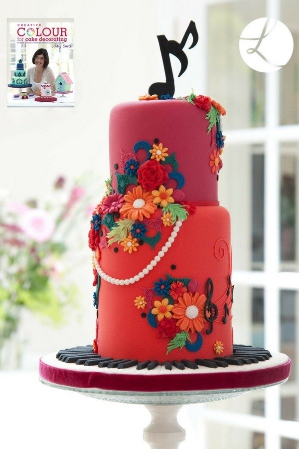 Colourful crescendo cake from creative colour for cake decorating book by Lindy Smith