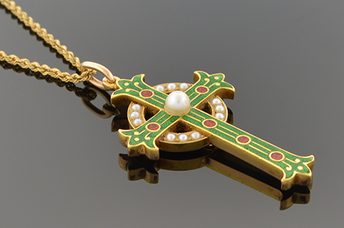 Item #5194 Green and Red Enamel Cross Pendant 5194