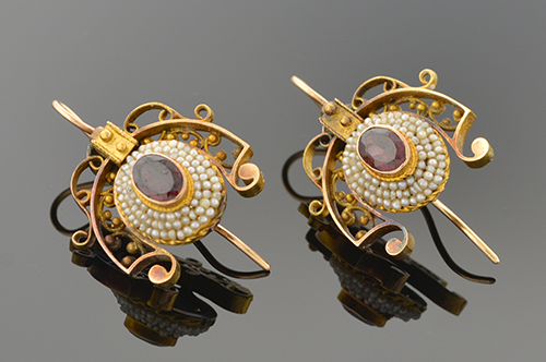 Item #1442 Garnet and Pearl Victorian Earrings 1442