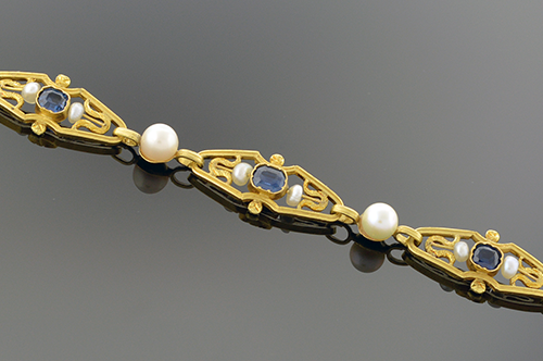 Item #4937 Art Nouveau Sapphire and Pearl Bracelet 4937