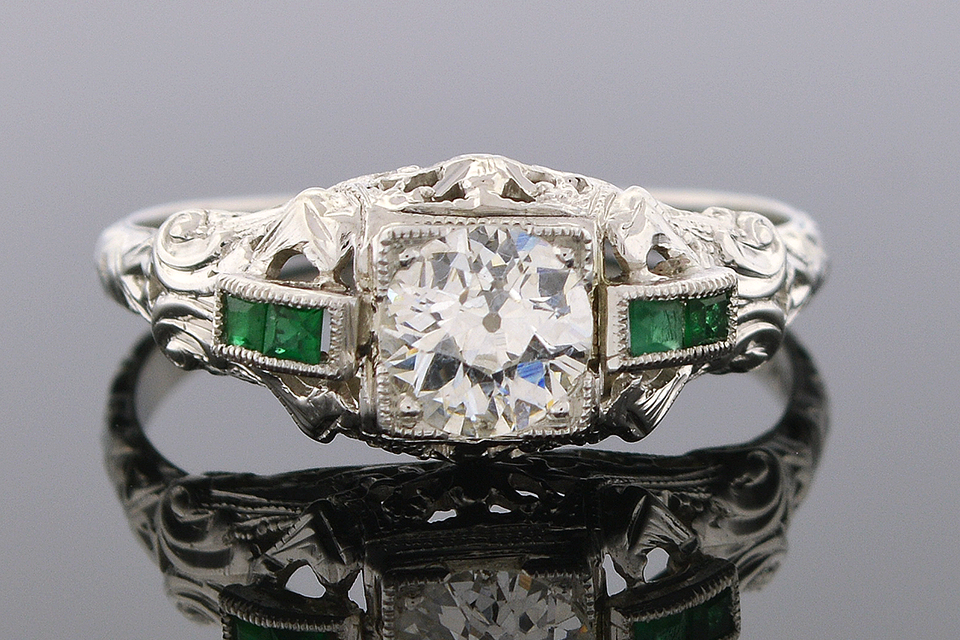Item #5088 Vintage Diamond Ring with Emerald Trim 5088