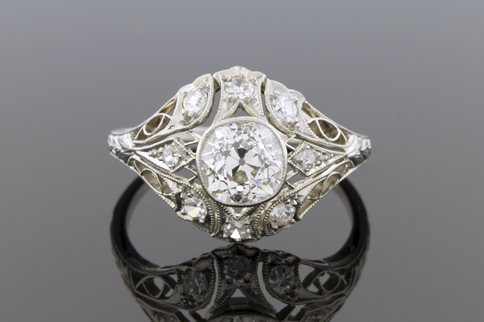 Item #5698 Art Deco Dome Filigree Diamond Ring 5698