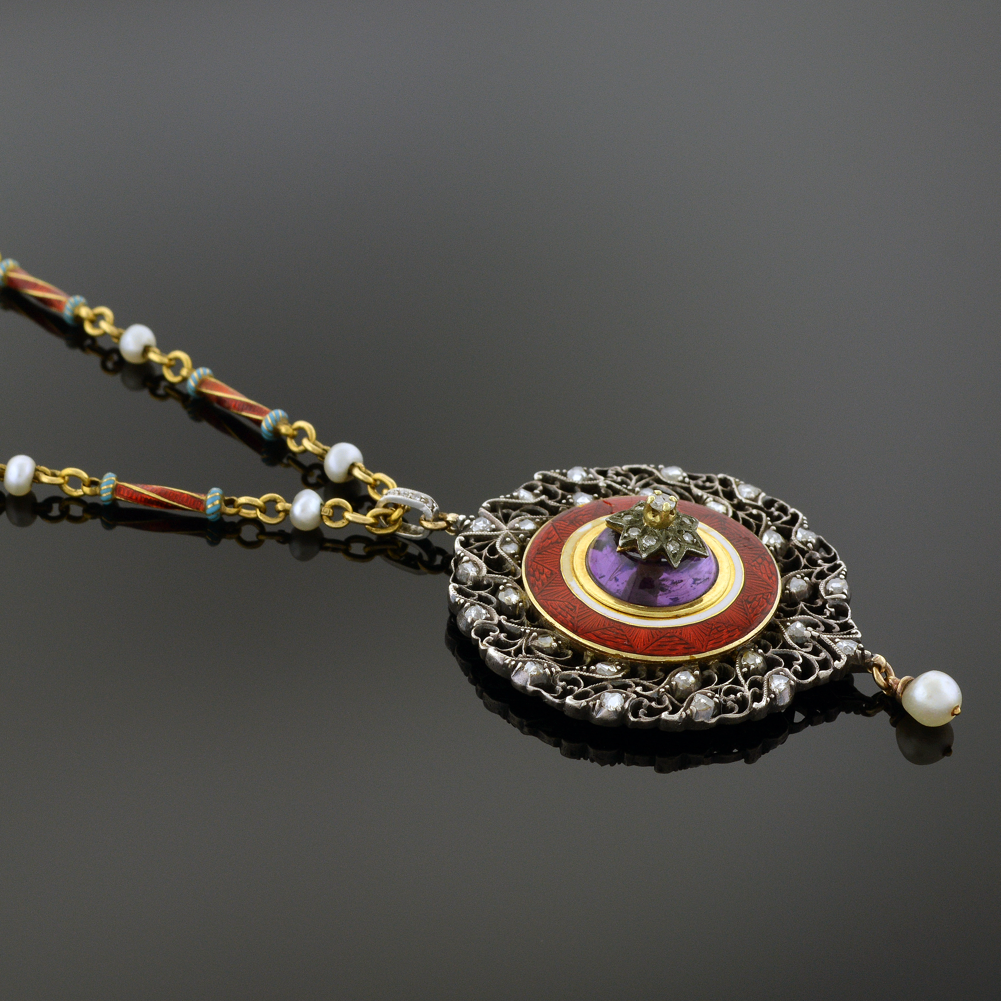 Red Guilloche Enamel Necklace with Diamonds, Pearls and Amethyst 5898