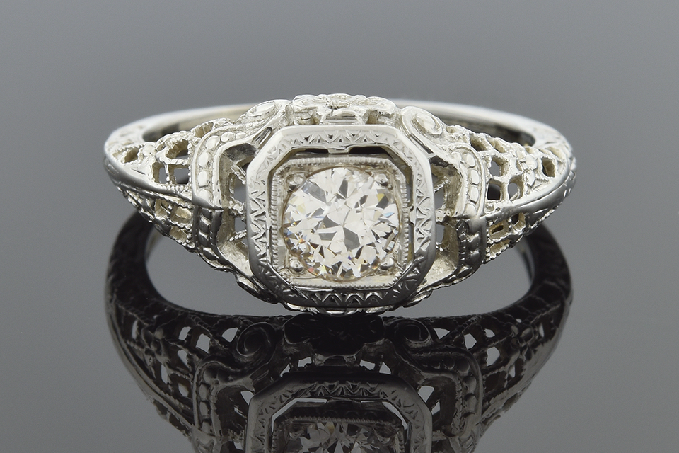Item #1312 Art Deco Diamond Ring with Carved Flowers 1312