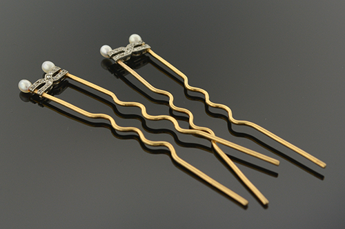Item #1999 Edwardian Diamond and Seed Pearl Hair Pins 1999