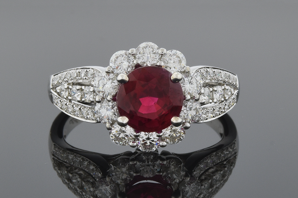 Item #5666 Bright Ruby Ring with Diamond Halo 5666