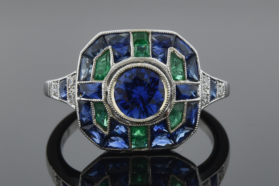 Item #6030 Sapphire and Emerald Deco Style Ring by Beverley K 6030