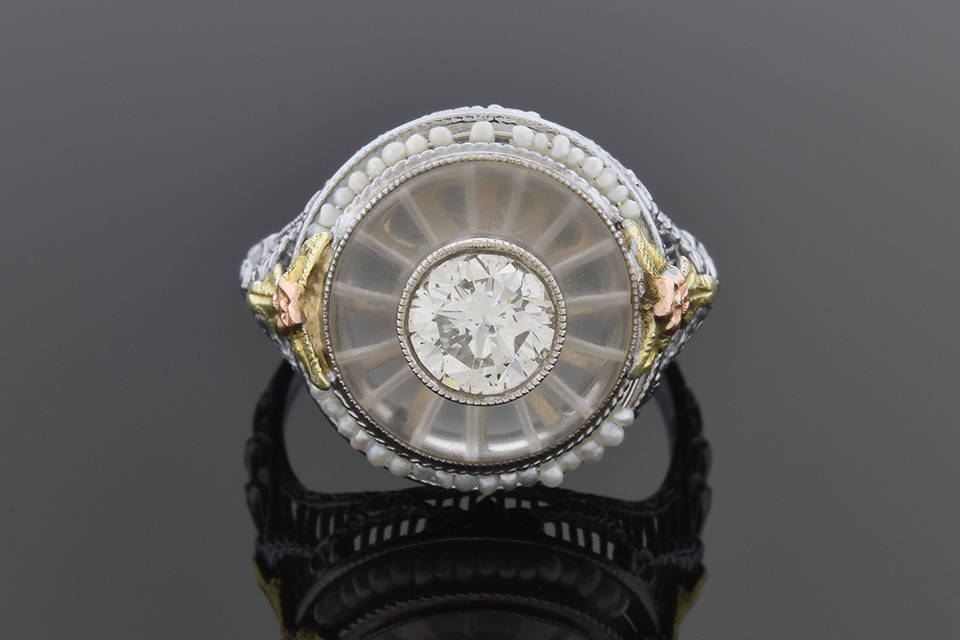Item #6171 Filigree Ring with Diamond Set in Rock Crystal Quartz 6171