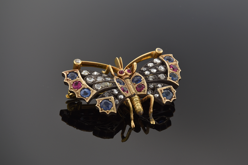 Item #1481 Georgian Ruby Sapphire and Diamond Butterfly Brooch 1481