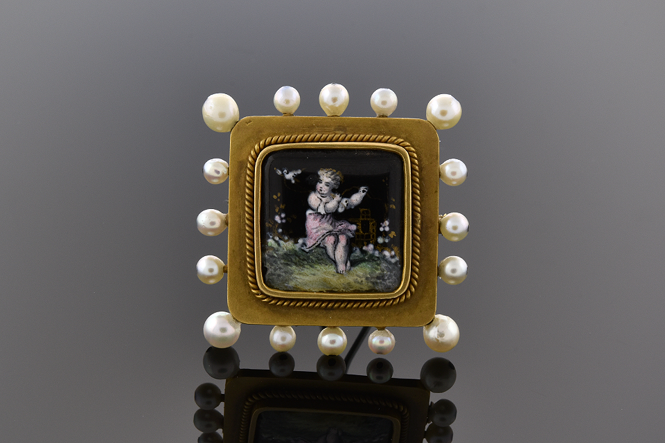 Item #2366 Late Victorian Enamel Cherub Scene and Pearl Brooch 2366
