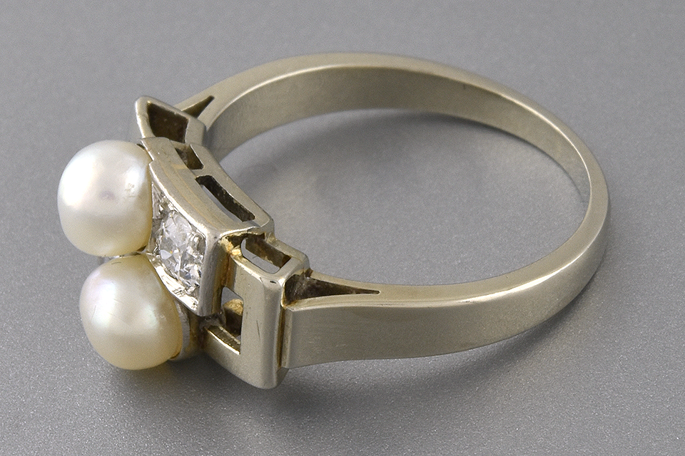 Item #2382 Art Deco Pearl and Diamond Geometric Bypass Ring