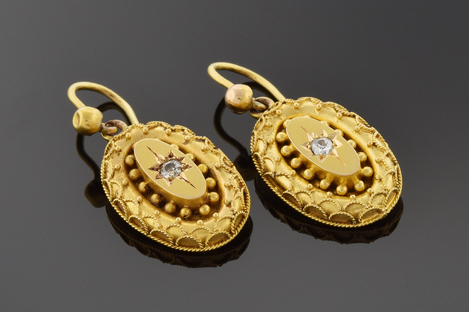Item #1612 Etruscan Revival Diamond Dangle Earrings 1612