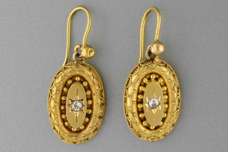 Item #1612 Etruscan Revival Diamond Dangle Earrings