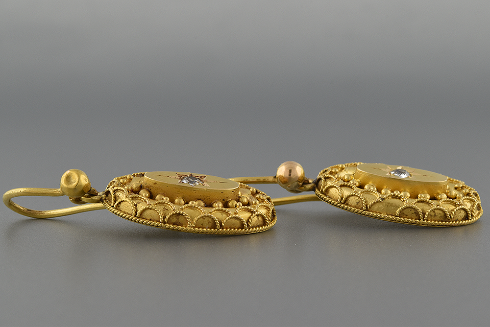 Item #1612 Etruscan Revival Diamond Dangle Earrings