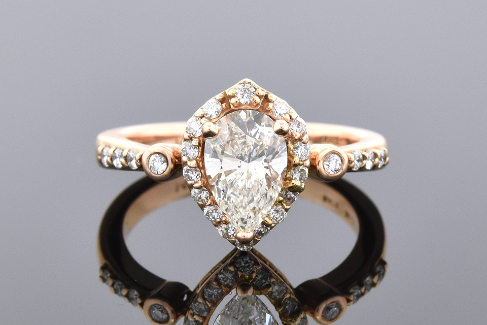 Item #6569 Pear Shape Diamond Halo Engagement Ring in Rose Gold 6569