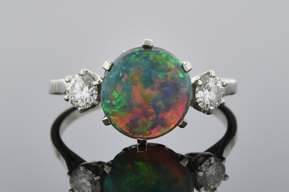 Item #6506 Vibrant Black Opal and Diamond Three Stone Ring 00001