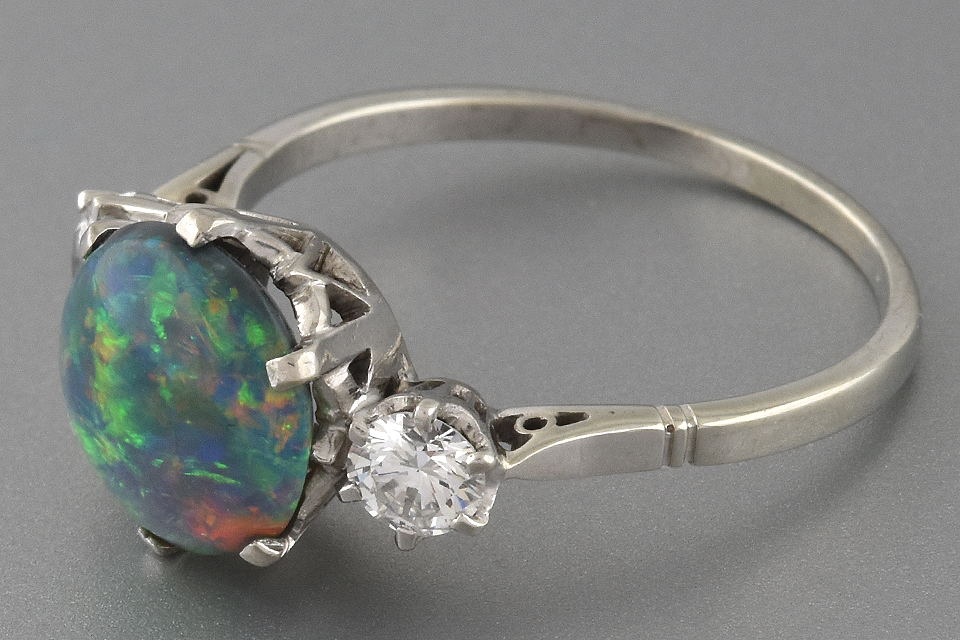 Item #6506 Vibrant Black Opal and Diamond Three Stone Ring