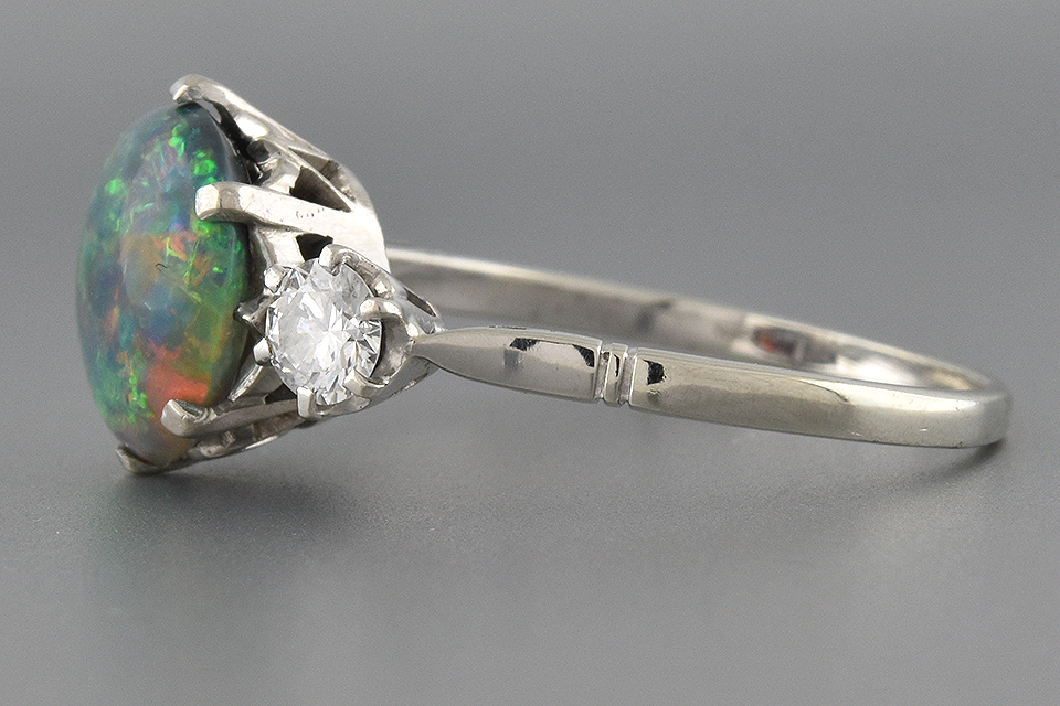 Item #6506 Vibrant Black Opal and Diamond Three Stone Ring