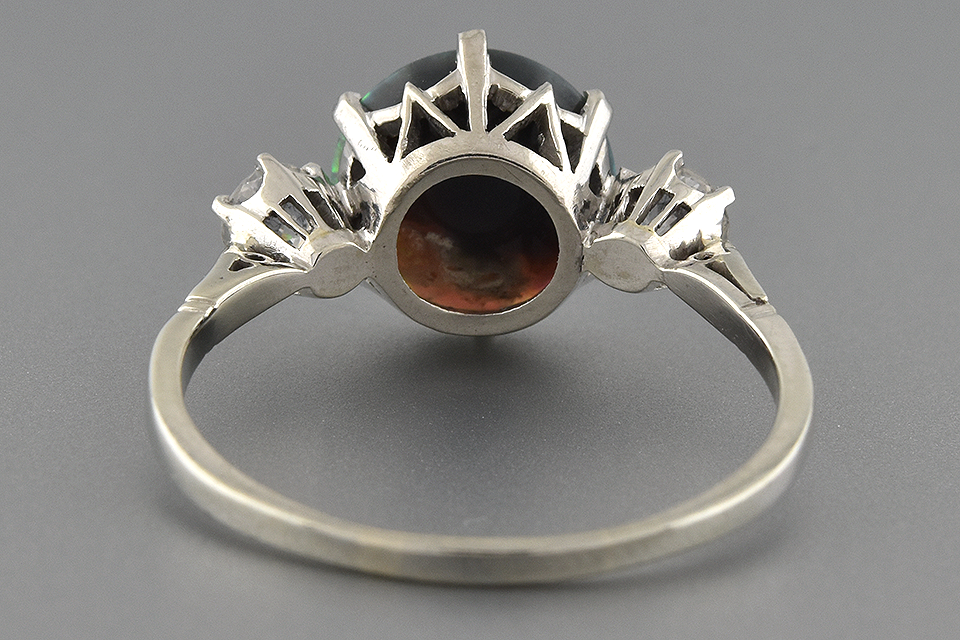 Item #6506 Vibrant Black Opal and Diamond Three Stone Ring
