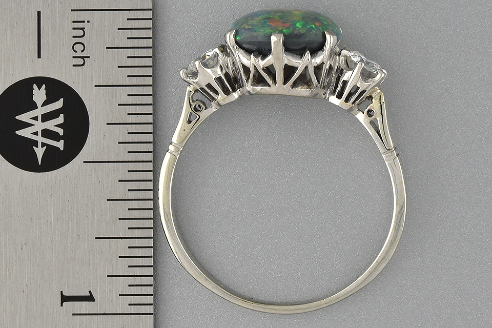 Item #6506 Vibrant Black Opal and Diamond Three Stone Ring