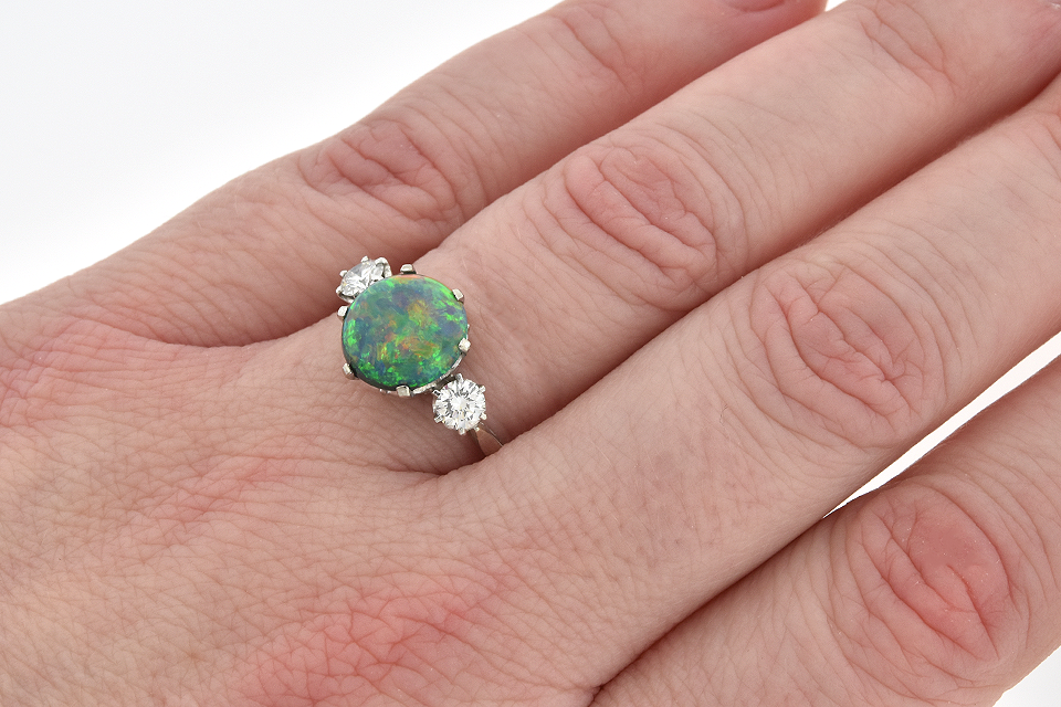 Item #6506 Vibrant Black Opal and Diamond Three Stone Ring