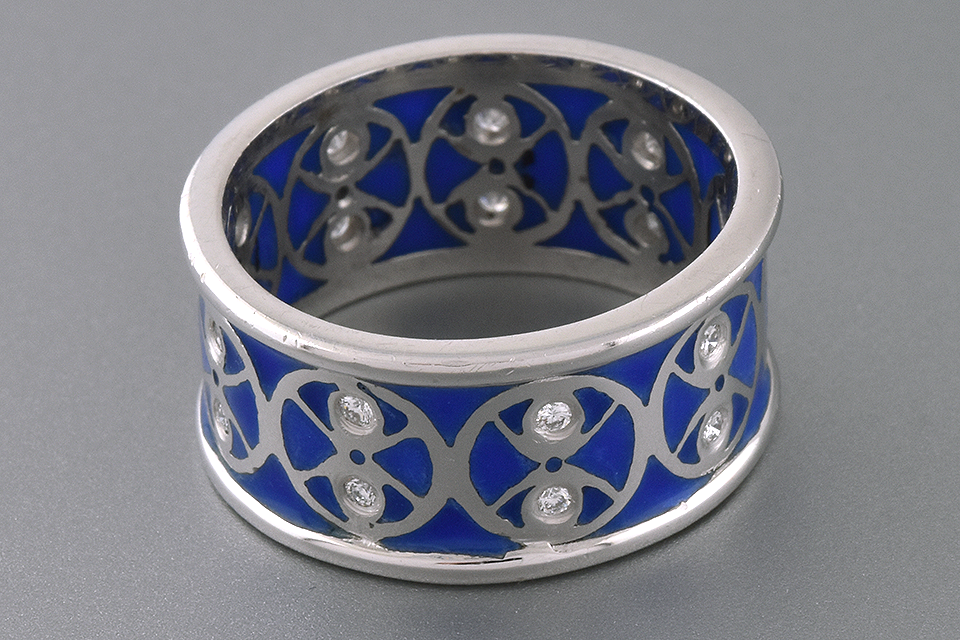 Item #2053 Plique-A-Jour Enamel and Diamond Band