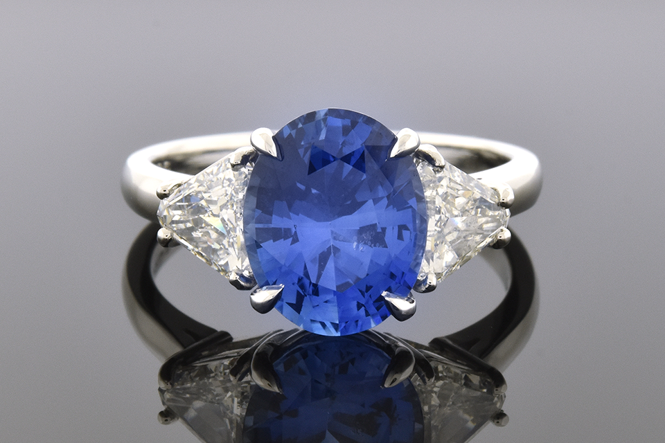 Item #6344 Handmade Ceylon Sapphire and Diamond Three Stone Ring 6344