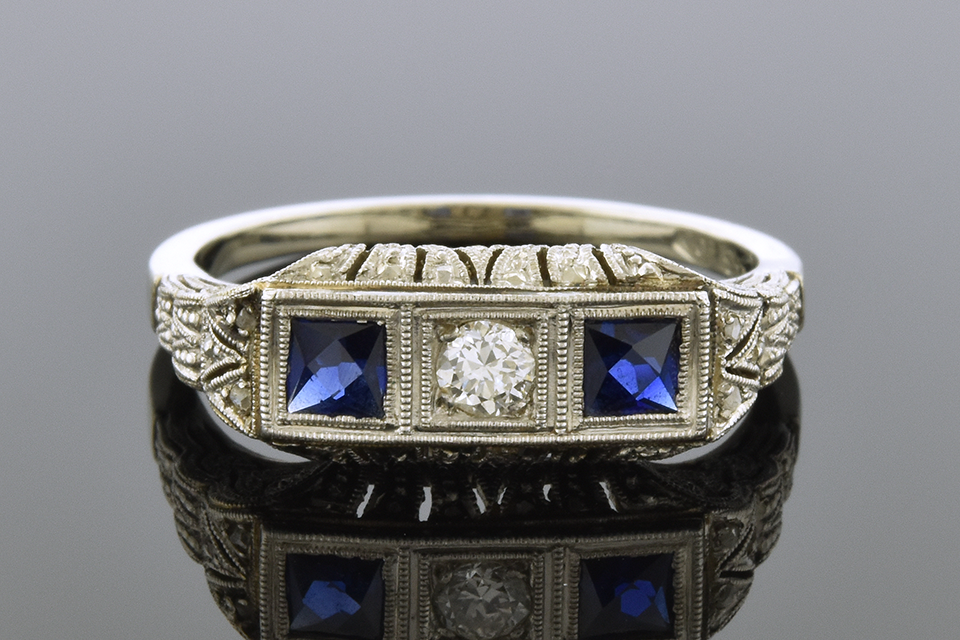 Item #2553 Three Stone Art Deco Ring with Remarkable Filigree 2553