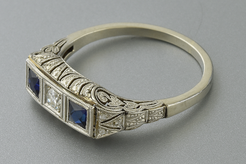 Three Stone Art Deco Ring with Remarkable Filigree