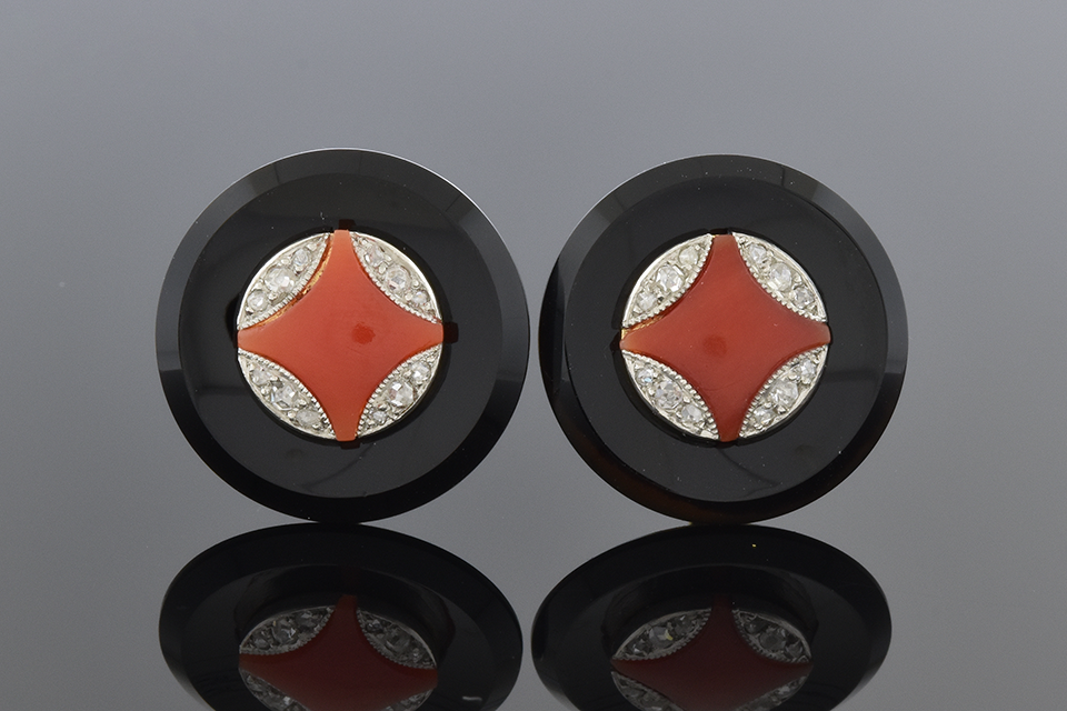 Item #1803 Edwardian Onyx and Coral Cufflink Conversion Earrings 1803