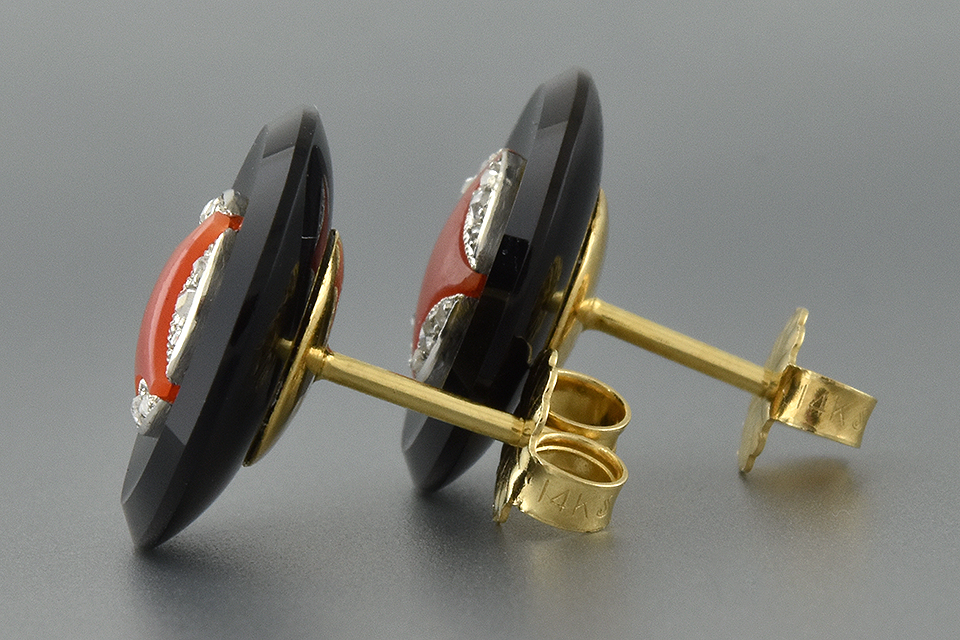 Edwardian Onyx and Coral Cufflink Conversion Earrings