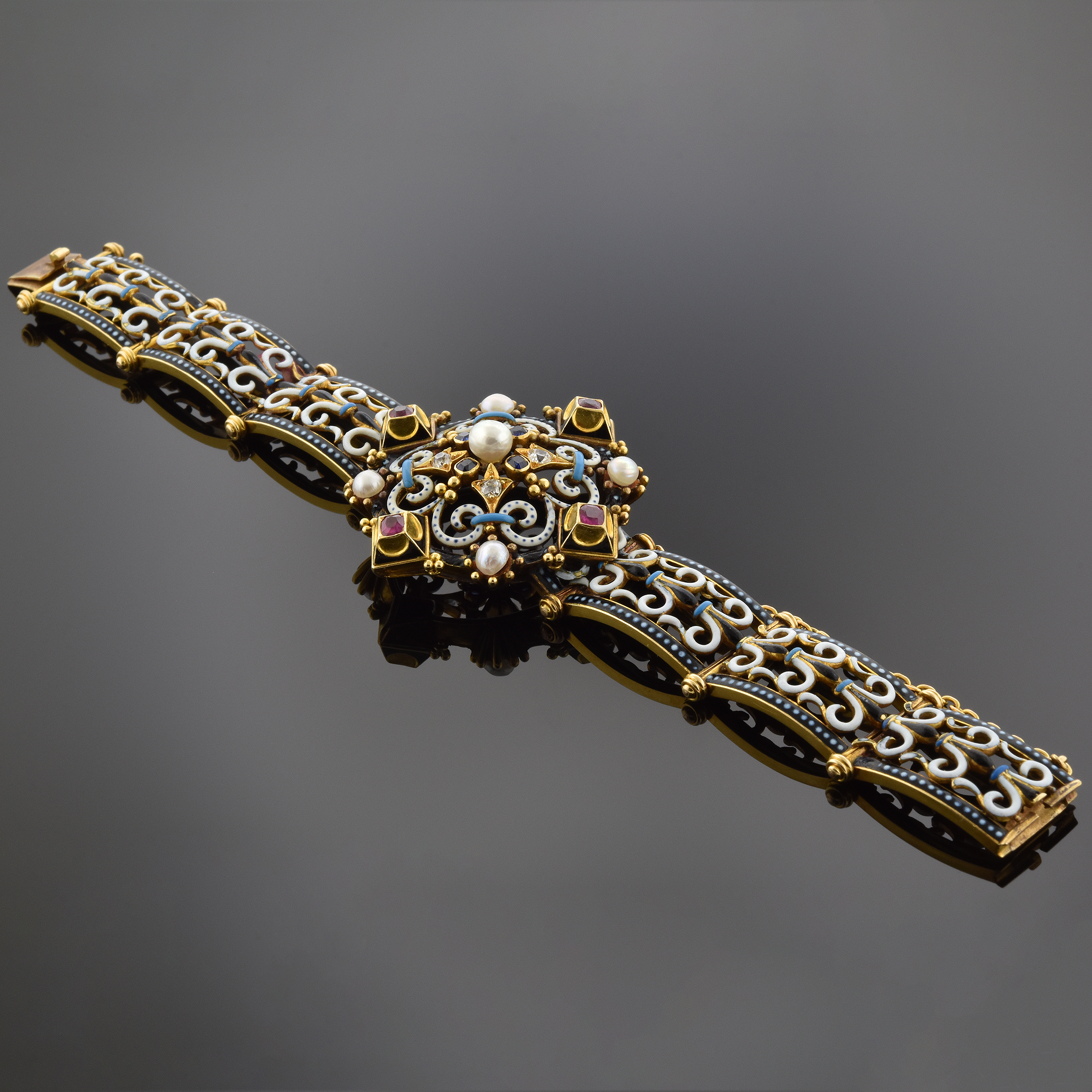 Item #6907 Multicolor Enamel Diamond Ruby Sapphire and Pearl Bracelet 6907