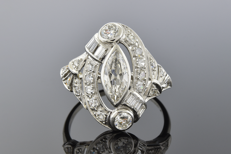 Item #4097 Art Deco Marquis Diamond Ring with Baguettes 4097