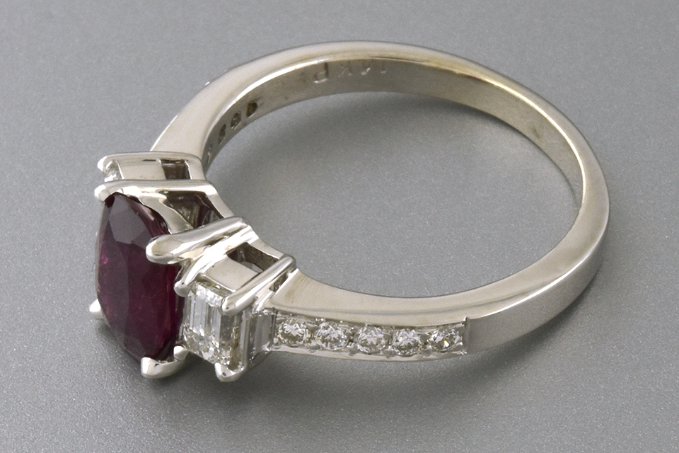 Ruby and Diamond Three Stone Ring with Diamond Details
