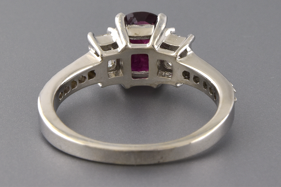 Ruby and Diamond Three Stone Ring with Diamond Details