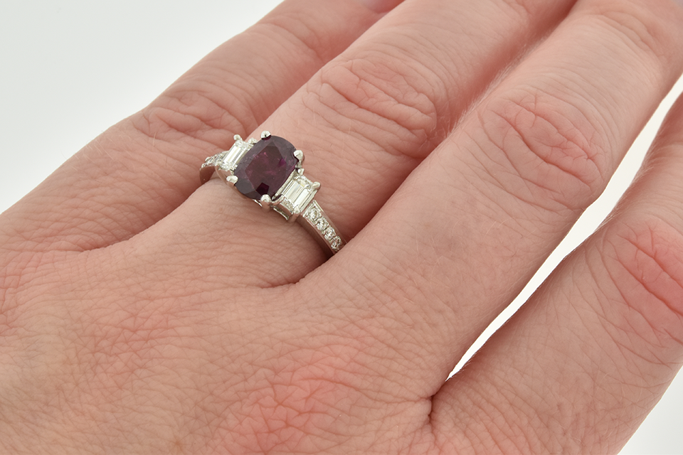 Ruby and Diamond Three Stone Ring with Diamond Details