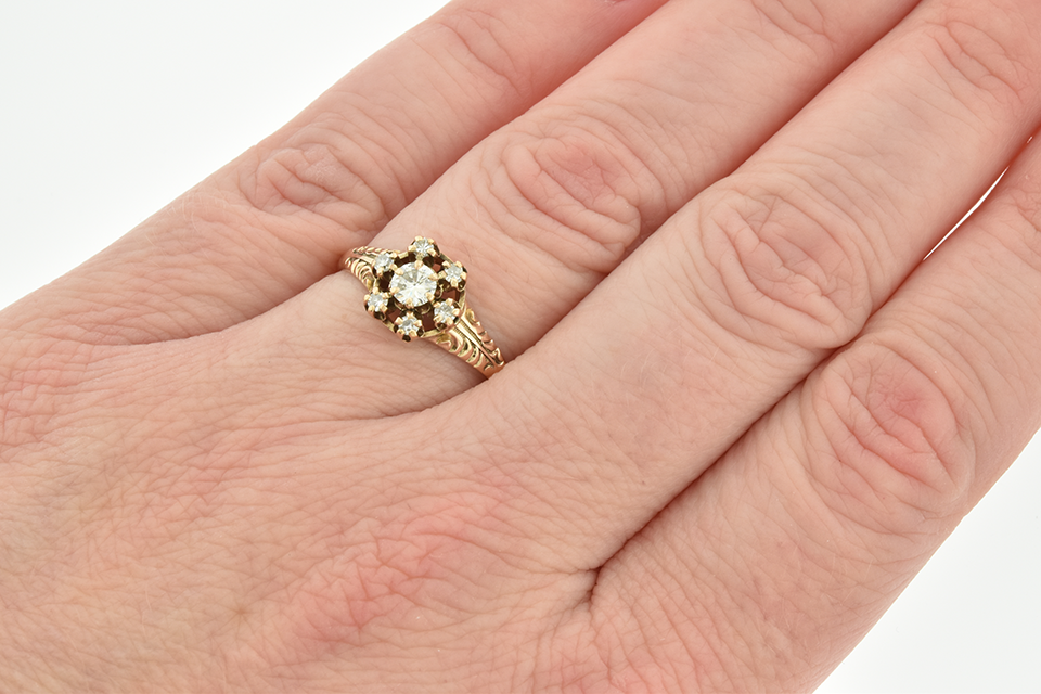 Carved Victorian Flower Ring with Diamonds