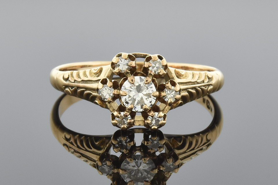 Item #1376 Carved Victorian Flower Ring with Diamonds 1376