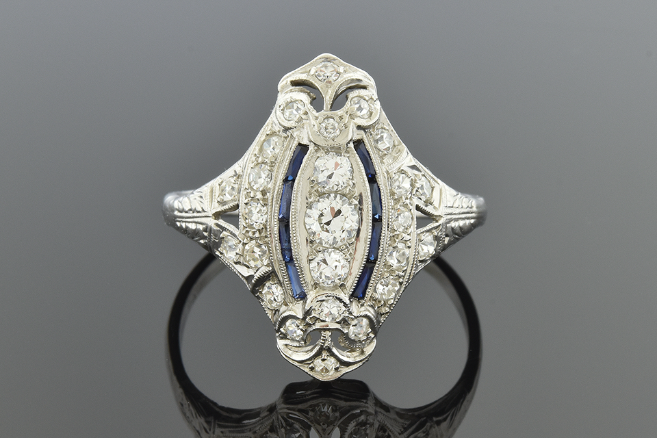 Item #7033 Navette Shaped Sapphire and Diamond Ring 7033