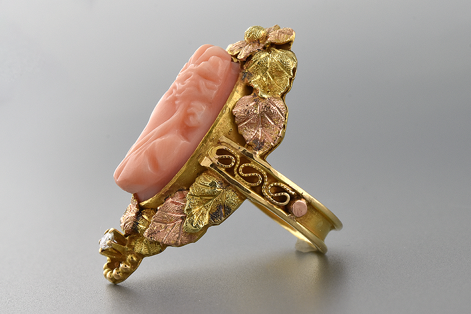 Tri Tone Gold Leaf Coral Cameo Ring