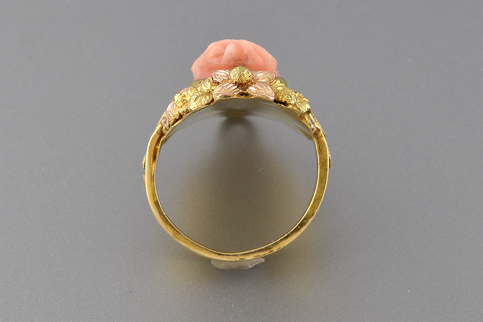 Tri Tone Gold Leaf Coral Cameo Ring