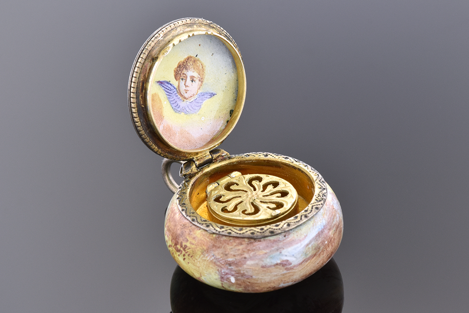Item #1509 Enamel Vinaigrette with Garden Scenes 1509