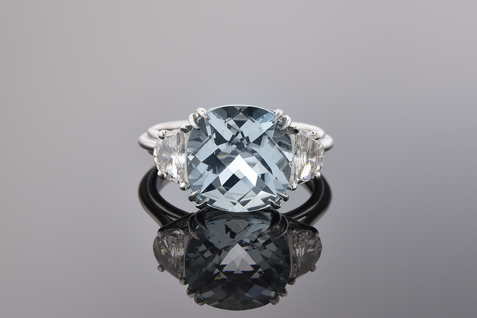 Item #7264 Checkerboard Cut Aquamarine and Diamond Three Stone Ring 7264