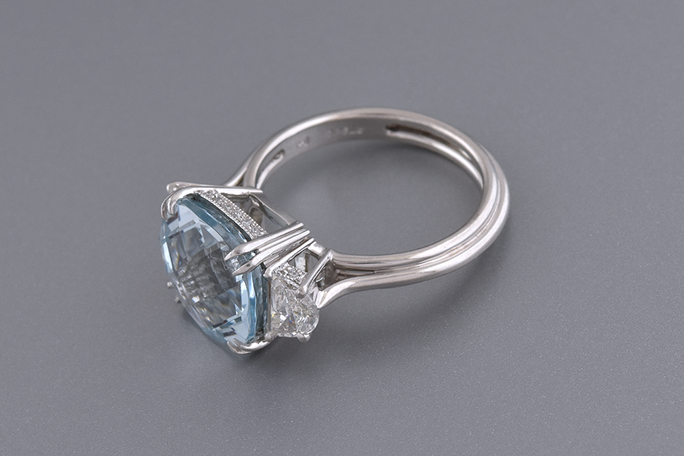 Checkerboard Cut Aquamarine & Diamond Three Stone Ring